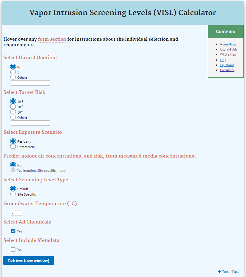 A calculadora Vapor Intrusion Screening Level (VISL) da EPA
